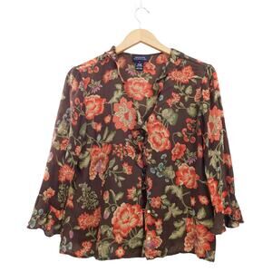 Vintage Jones New York Signature Floral 100% Silk Blouse Ruffle Top Size L Fairy